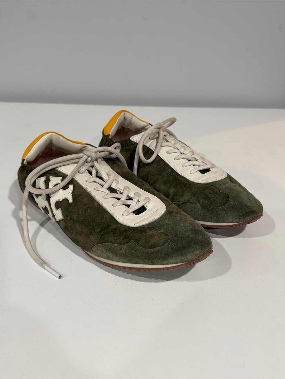 Tory Burch Olive Green Suede Lace-Up Sneakers with White Trim 8.5
